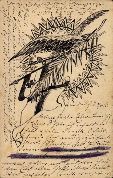 Handgemalt Ak Adler mit Schwert und Flaggen, 1. WK