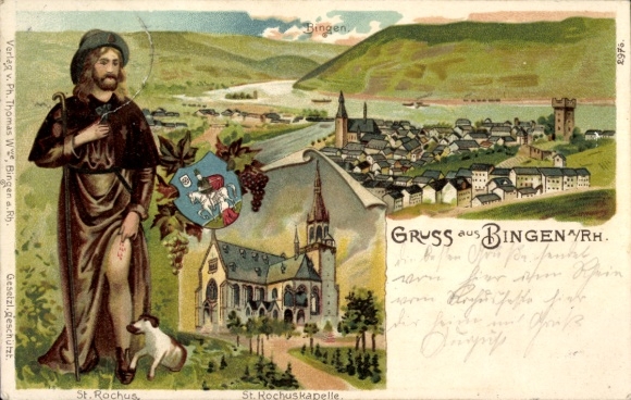 Wappen Litho Bingen am Rhein, Rochusberg, St. Rochuskapelle, St. Rochus, Rhein Nahe Eck