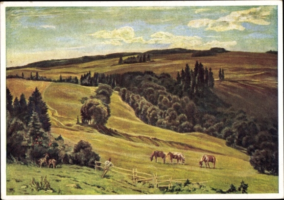 Künstler Ak Traub, Gustav, Abendschatten, Landschaft mit Pferden, HDK 227