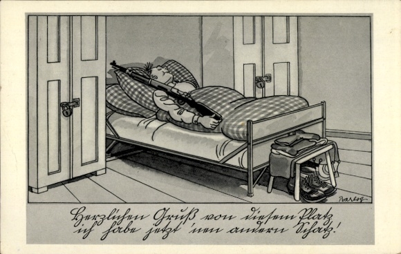 Künstler Ak Barlog, Deutsche Wehrmacht, Schlafender Soldat mit Gewehr, II. WK