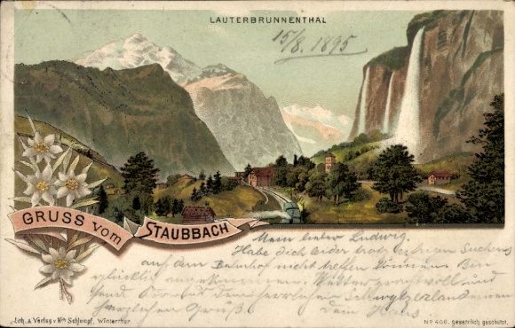 Litho Lauterbrunnen Kanton Bern, Lauterbrunnental, Staubbach, Wasserfall