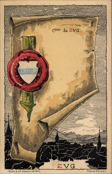 Litho Kanton Zug Schweiz, Wappen, Siegel, Gesamtansicht