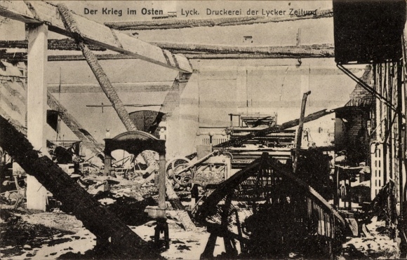 Ak Ełk Lyck Masuren Ostpreußen, Druckerei der Lycker Zeitung, Kriegszerstörung I. WK