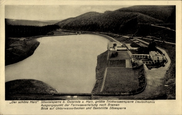 Ak Osterode am Harz, Sösetalsperre, Trinkwassersperre, Blick auf Unterwasserbecken, Gaststätte