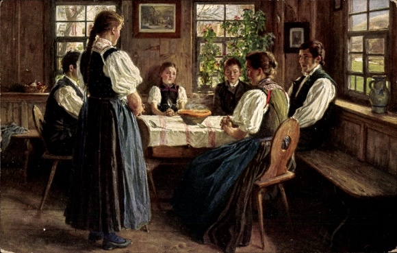 Künstler Ak Hasemann, W., Tischgebet, Familie, Gruppenbild