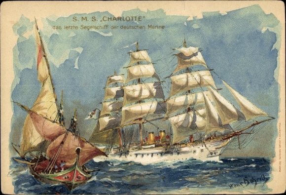 Künstler Litho Bohrdt, Hans, Kreuzerfregatte SMS Charlotte, letztes Segelschiff der deutschen Marine