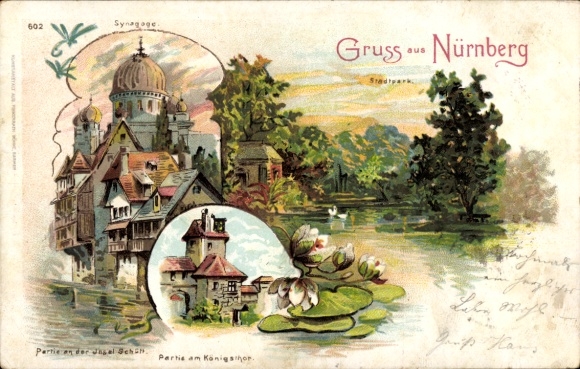 Sonnenschein Litho Nürnberg in Mittelfranken, Synagoge, Insel Schütt, Königstor