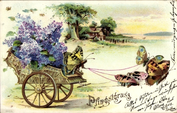 Glitzer Ak Glückwunsch Pfingsten, Schmetterlinge, Kutsche, Flieder