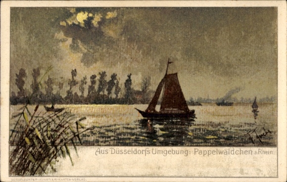 Künstler Ak Fuchs, F., Düsseldorf, Pappelwäldchen, Segelboot