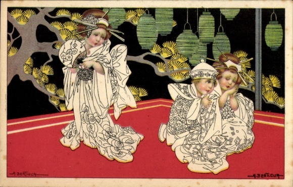 Künstler Ak Bertiglia, A., Kinder in asiatischer Kleidung, Lampions