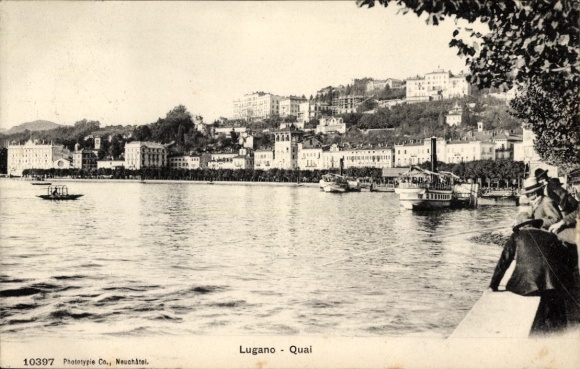 Ak Lugano Kanton Tessin Schweiz, Lugano - Quai, Wasseransicht, Boote, Hotel Europe, 