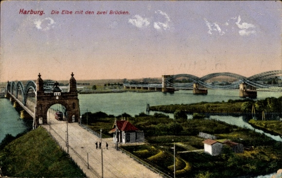 Ak Hamburg Harburg, Elbe mit den zwei Brücken