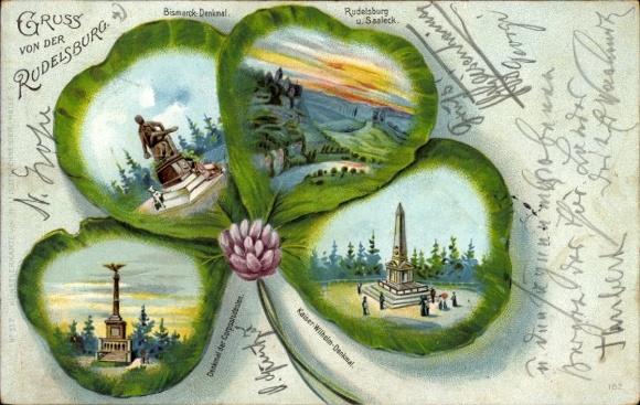 Kleeblatt Litho Bad Kösen Naumburg an der Saale, Rudelsburg, Bismarckdenkmal, Kaiser Wilhelm Denkmal