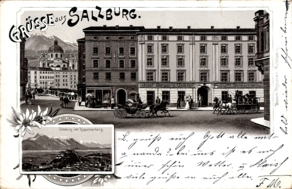 Vorläufer Litho Salzburg in Österreich, Josef Bergers Gasthof, Stadtpanorama vom Kapuzinerberg