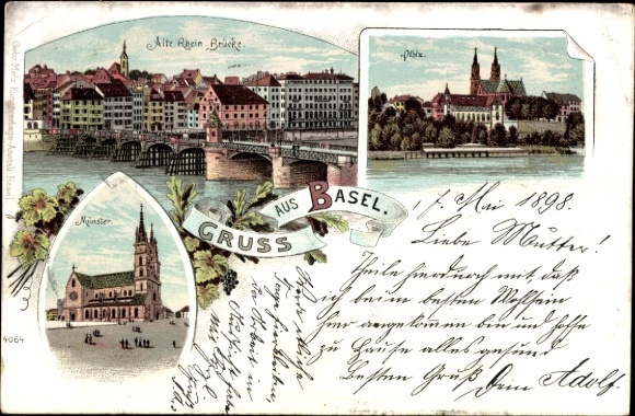 Litho Bâle Basel Stadt Schweiz, Alte Rheinbrücke, Münster