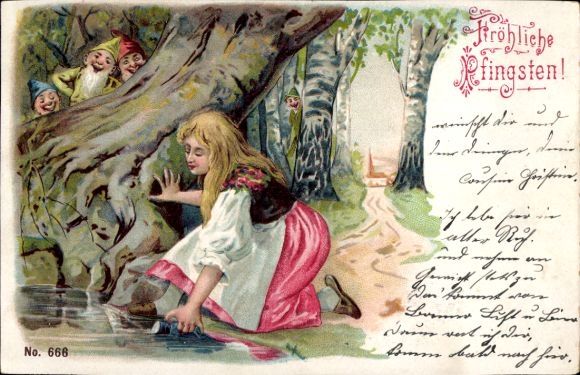 Litho Glückwunsch Pfingsten, Mädchen schöpft Wasser, Zwerge, Baum