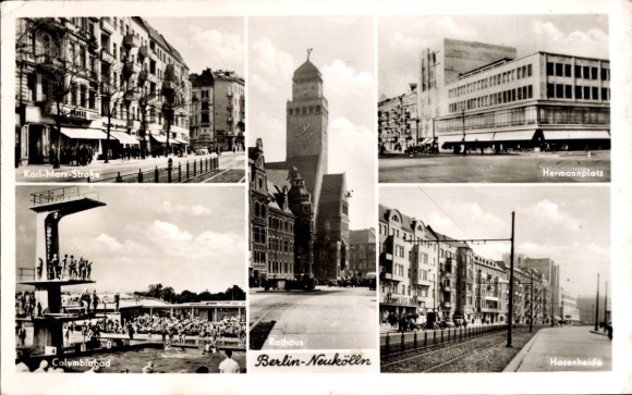 Ak Berlin Neukölln, Karl Marx Straße, Columbiabad, Rathaus, Hasenheide
