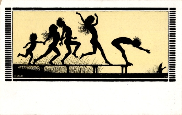 Scherenschnitt Künstler Ak Fidus, Sommerwonne, Badende springen von Steg