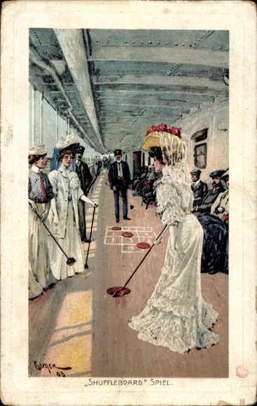 Künstler Ak Shuffleboard Spiel, am Bord eines transatlantischen Dampfers