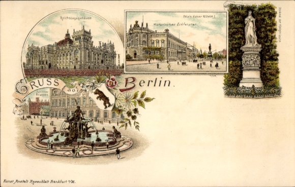 Litho Berlin Tiergarten, Reichstagsgebäude, Brunnen, Denkmal