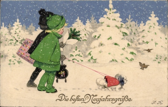 Künstler Ak Baumgarten, Fritz, Glückwunsch Weihnachten, Kinder mit Hund im Winter