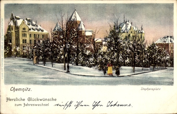 Judaika Ak Chemnitz Sachsen, Stephansplatz, Synagoge, Winteransicht