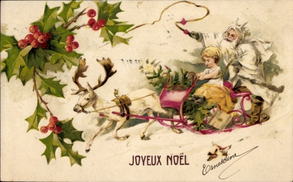 Präge Ak Glückwunsch Weihnachten, Weihnachtsmann, Schlittengespann, Elch, Stechpalme
