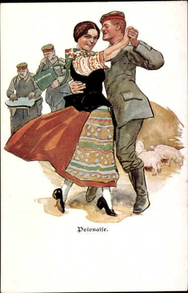 Ak Frau in polnischer Tracht tanzt mit einem Soldaten, Polonaise