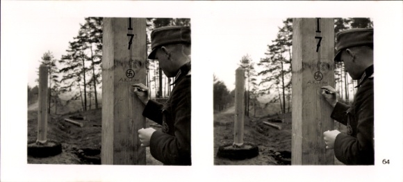 Stereo Raumbild Foto "Die Soldaten des Führers im Felde", Nr. 64, Grenzpfahl, Demarkationslinie
