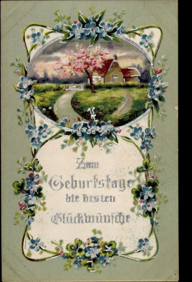 Glitzer Ak Glückwunsch Geburtstag, Dorf, Blumen, Glücksklee