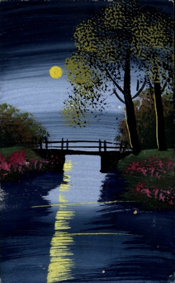 Handgemalt Ak See im Mondlicht, Brücke