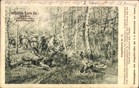 Künstler Ak Schlachtfeld bei Kamionka, Korporal Korejczuk, Landwehr-Ulanen-Regiment Nr. 1, Kosaken