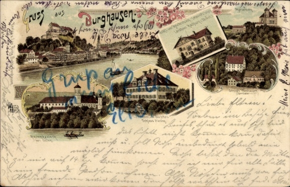 Litho Burghausen an der Salzach Oberbayern, Gesamtansicht, Schloss, Raitenhaslach