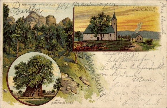 Litho Bad Staffelstein, Staffelberg, Kirche und Klause, Historische Linde, Felsen