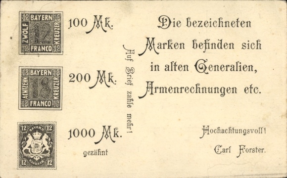 Briefmarken Ak Bayern, Zwölf Marken, Korrespondenz von Carl Forster