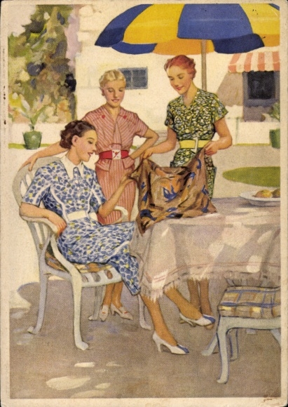 Ak Reklame, Indanthren Farben, Stoffe, Damen in Kleidern