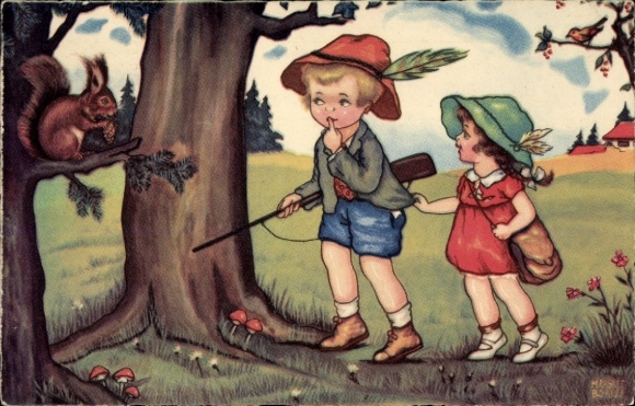 Künstler Ak Boriss, M., Mädchen, Jäger und ein Eichhörnchen, Amag 318
