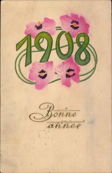 Präge Litho Glückliches Neujahr 1908, Blüten