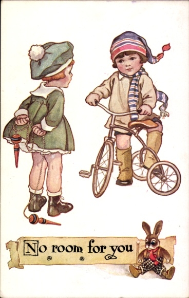 Künstler Ak No room for you, Kinder mit Dreirad, Springseil, Stoffhase