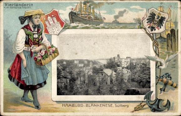 Präge Passepartout Ak Hamburg Altona Blankenese, Süllberg, Vierländerin in Nationaltracht, Wappen