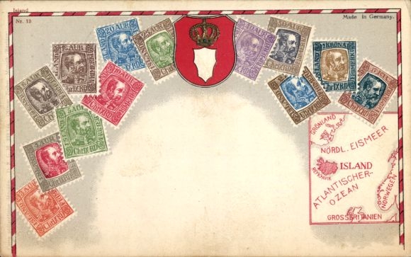 Präge Briefmarken Wappen Ak Island, Landkarte, Atlantischer Ozean
