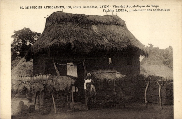 Ak Kpalimé Togo, Afrikanische Mission, Hütte, Fétiche LEGBA, Schutzgeist der Wohnungen