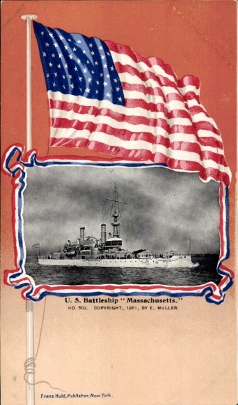 Passepartout Ak US-Amerikanisches Kriegsschiff, USS Massachusetts, Schlachtschiff, Flagge