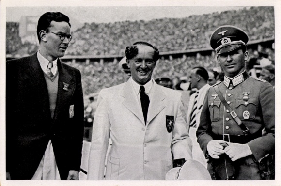 Sammelbild Olympia 1936, Schnellfeuer Pistolenschützen Ullman, van Oyen, Hax, Siegerehrung