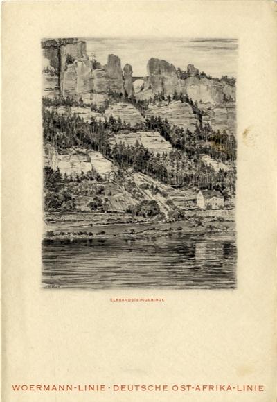 Künstler Menükarte H K, Dampfer Ussukuma, 24. Februar 1936, Hauptmahlzeit, Elbsandsteingebirge