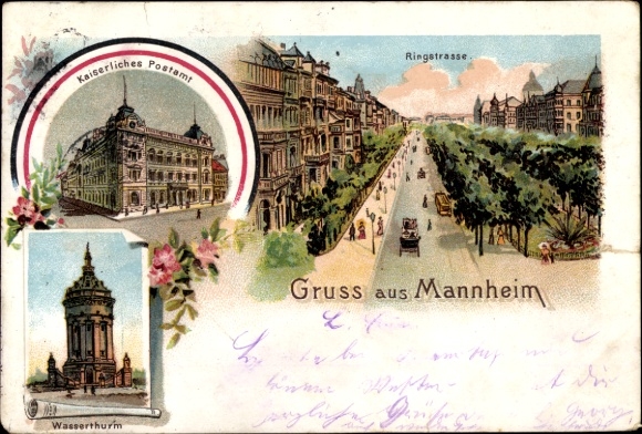 Litho Mannheim in Baden, Post, Wasserturm, Ringstraße