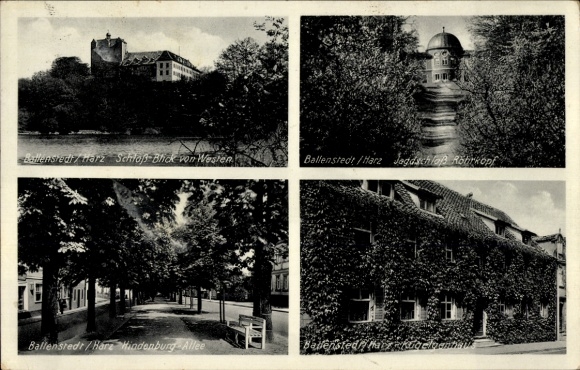 Ak Ballenstedt im Harz, Schloss Blick von Westen, Jagdschloss Röhrkopf, Hindenburg-Allee, Ballens