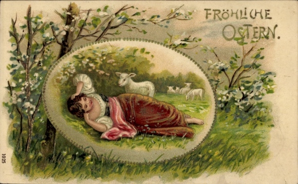 Präge Ak Frohe Ostern, Frau auf einer Wiese, Lämmer, Osterei