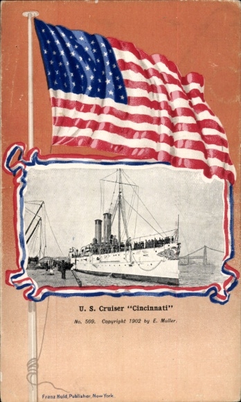 Passepartout Ak US-Amerikanisches Kriegsschiff USS Cincinnati, Kreuzer, Flagge