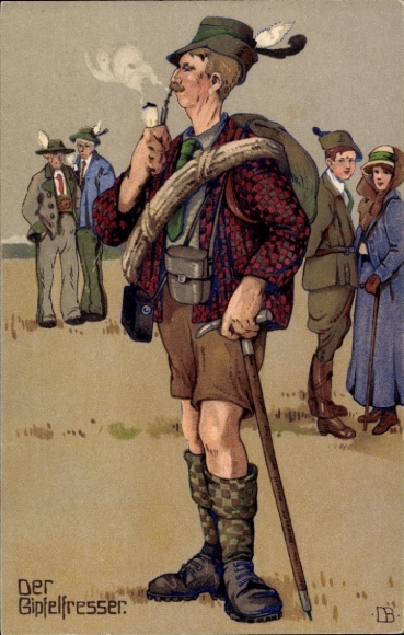 Künstler Ak Der Gipfelfresser, Bergsteiger raucht Pfeife